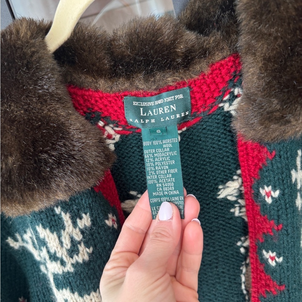 Vintage Ralph Lauren Hand Knit Wool Fur Collar Reindeer Christmas Sweater zipup - Picture 4 of 14